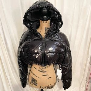 Good American Black Puffer Jacket with Hood